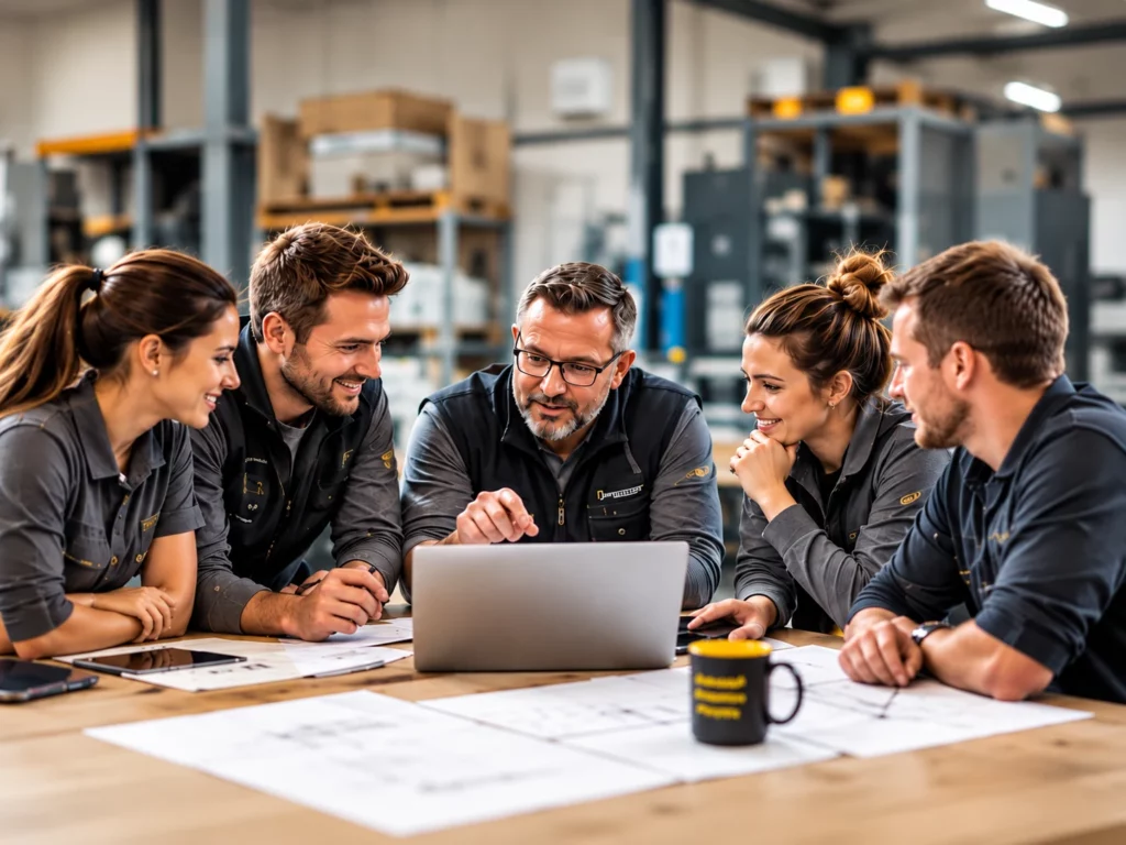 Fünf Personen aus dem Handwerk entwickeln gemeinsam am Laptop digitale Lösungen für ihren Betrieb im Rahmen der KI-Werkstatt.